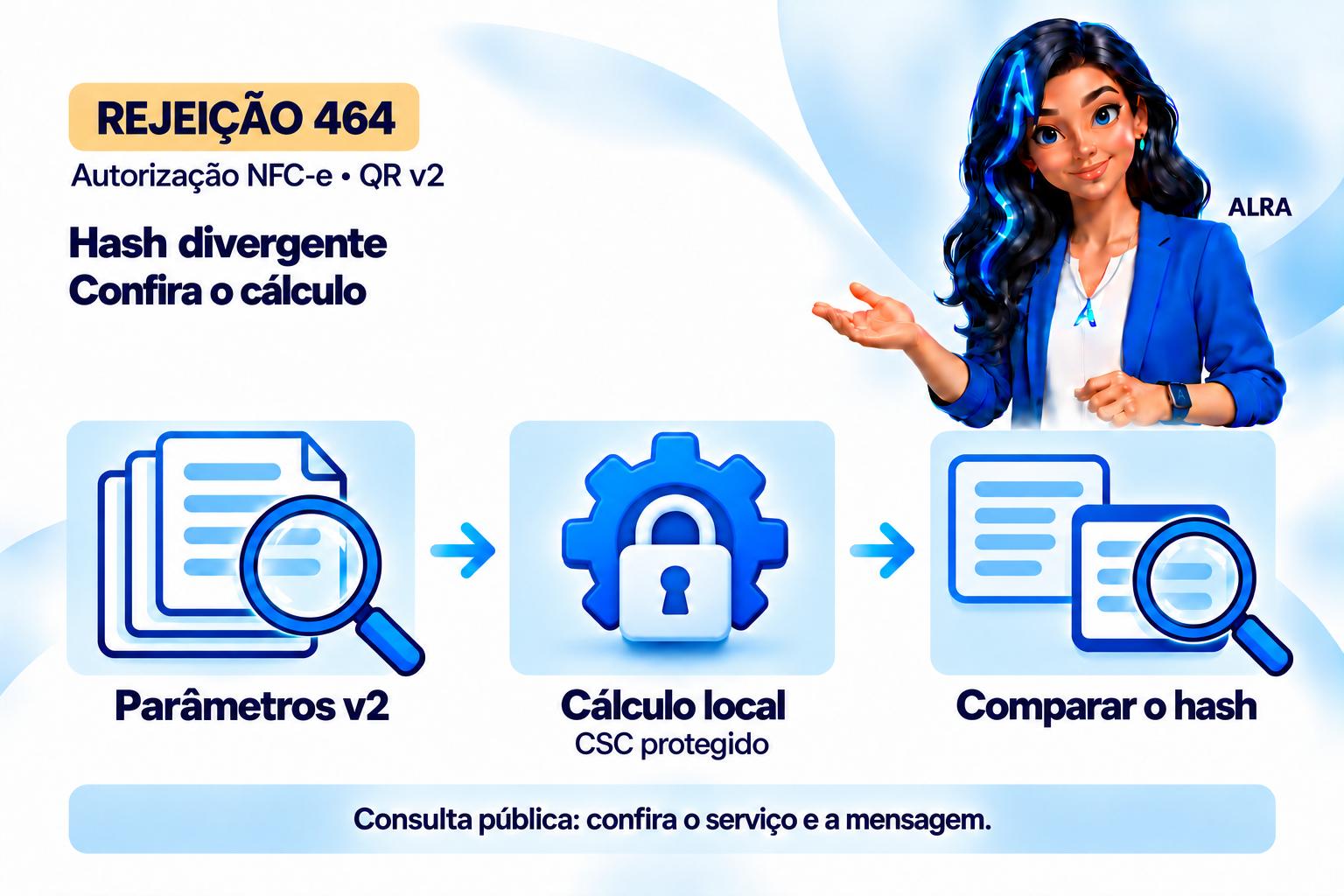 Capa ilustrada da ALRA: Rejeição 464 da NFC-e e hash inválido na consulta do QR Code.