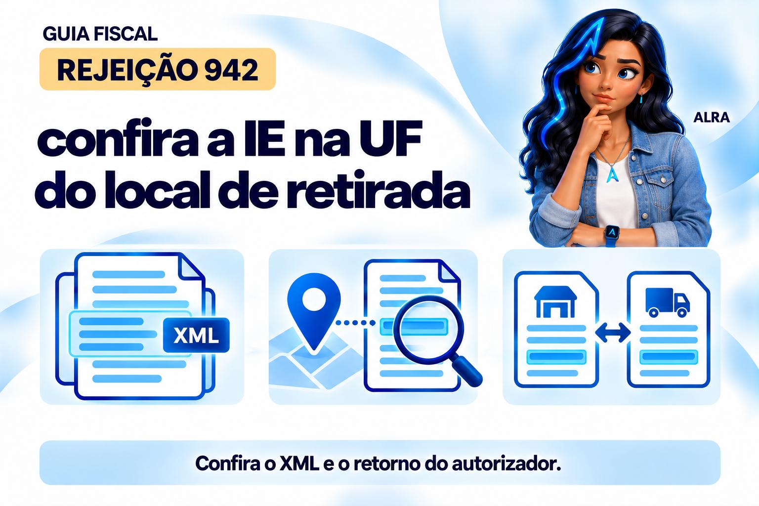 Capa ilustrada da ALRA: Rejeição 942: confira a IE na UF do local de retirada.