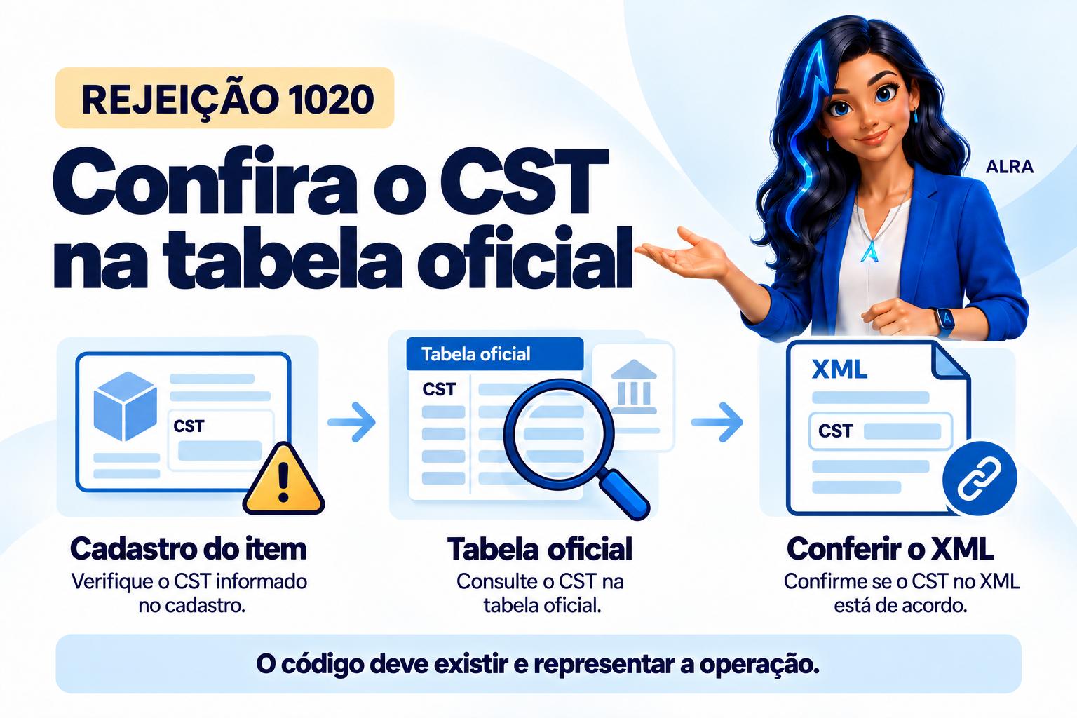 Capa ilustrada da ALRA: Rejeição 1020: corrija o CST do IBS/CBS com a tabela oficial.