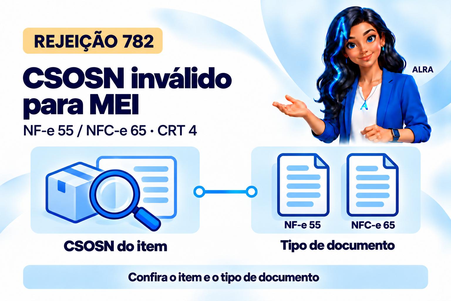 Capa ilustrada da ALRA: Rejeição 782: CSOSN inválido para emitente MEI.