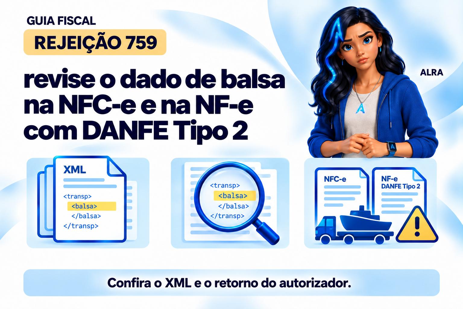 Capa ilustrada da ALRA: Rejeição 759: revise o dado de balsa na NFC-e e na NF-e com DANFE Tipo 2.