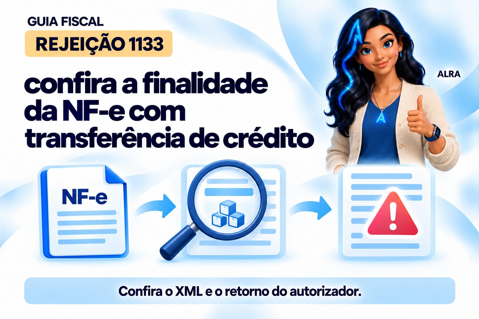 Capa ilustrada da ALRA: Rejeição 1133: confira a finalidade da NF-e com transferência de crédito.