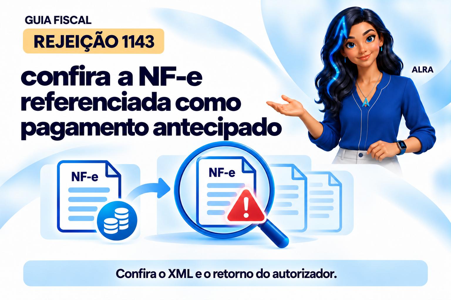 Capa ilustrada da ALRA: Rejeição 1143: confira a NF-e referenciada como pagamento antecipado.