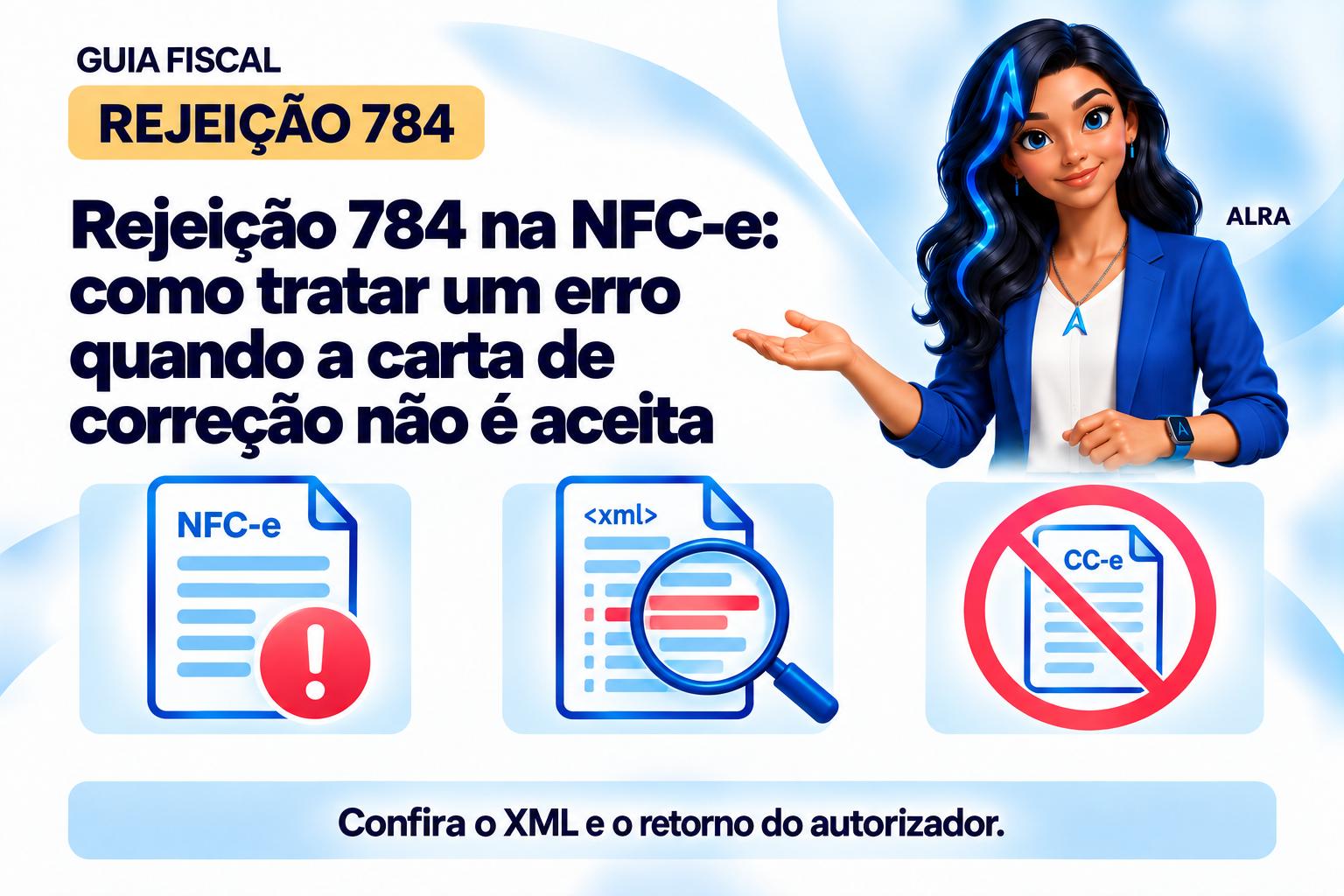 Capa ilustrada da ALRA: Rejeição 784 na NFC-e: como tratar um erro quando a carta de correção não é aceita.