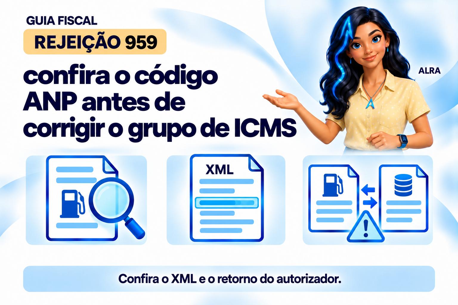 Capa ilustrada da ALRA: Rejeição 959: confira o código ANP antes de corrigir o grupo de ICMS.