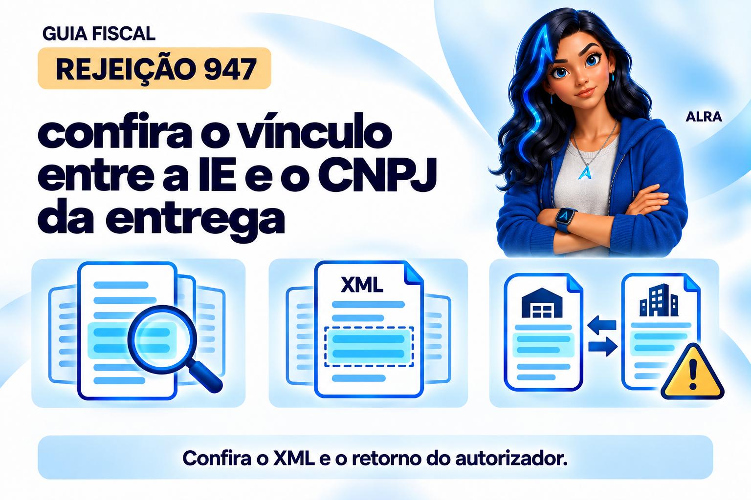 Capa ilustrada da ALRA: Rejeição 947: confira o vínculo entre a IE e o CNPJ da entrega.