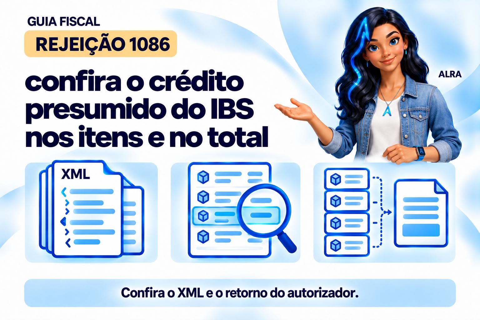 Capa ilustrada da ALRA: Rejeição 1086: confira o crédito presumido do IBS nos itens e no total.