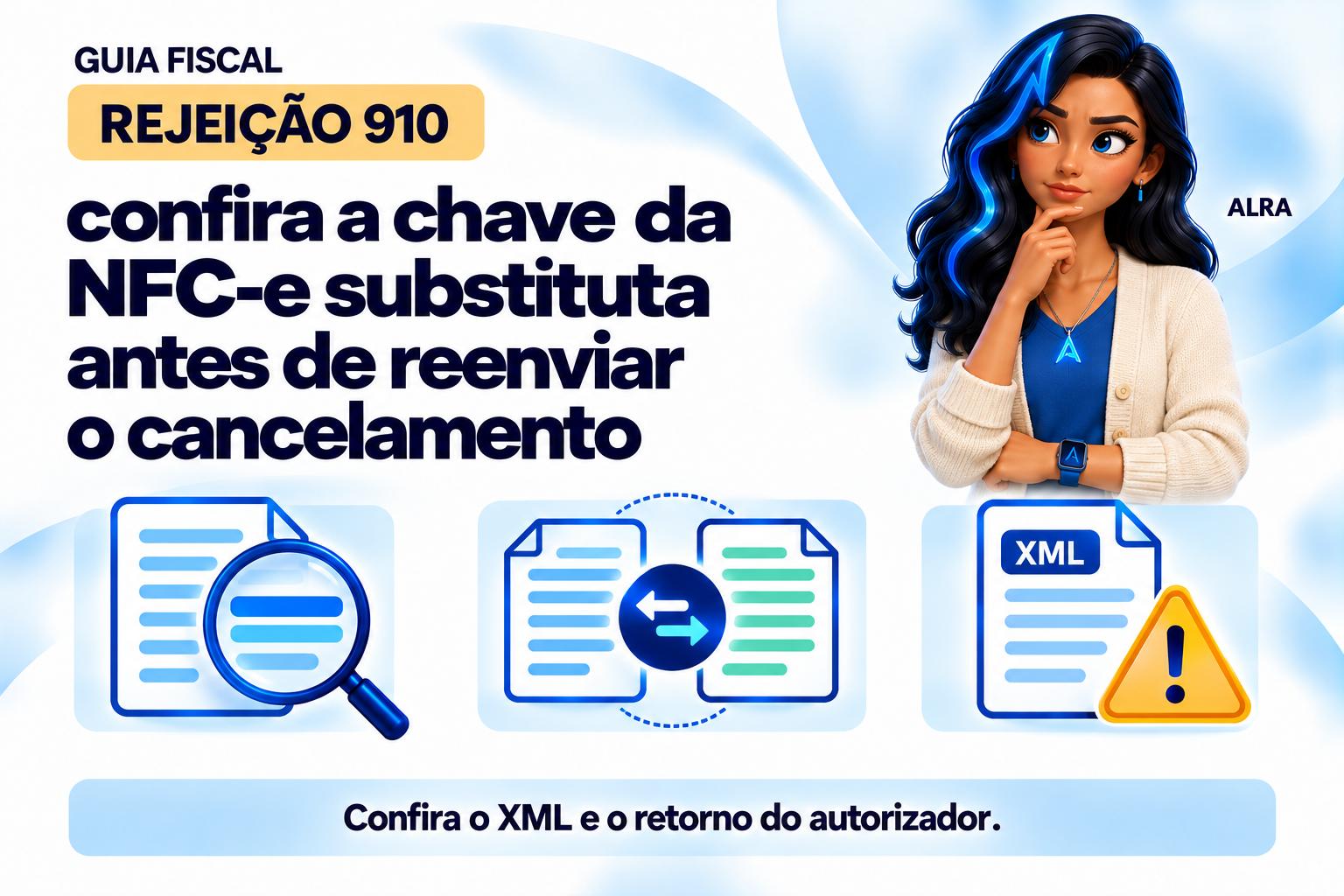 Capa ilustrada da ALRA: Rejeição 910: confira a chave da NFC-e substituta antes de reenviar o cancelamento.