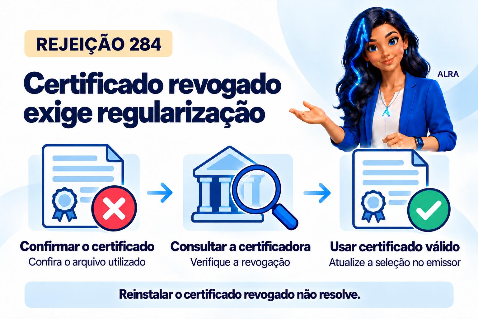 Capa ilustrada da ALRA: Rejeição 284: o que fazer com o certificado transmissor revogado.