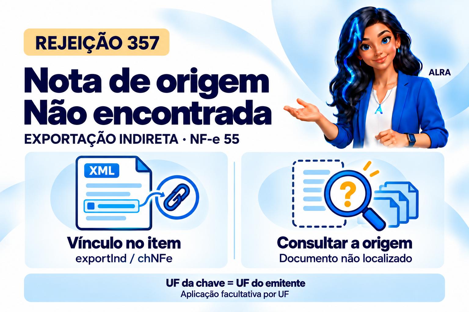 Capa ilustrada da ALRA: Rejeição 357: como verificar a existência da NF-e ligada à exportação indireta.