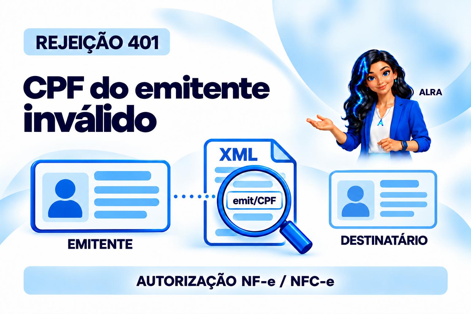 Capa ilustrada da ALRA: Rejeição 401: como corrigir o CPF do emitente sem trocar a identidade da nota.