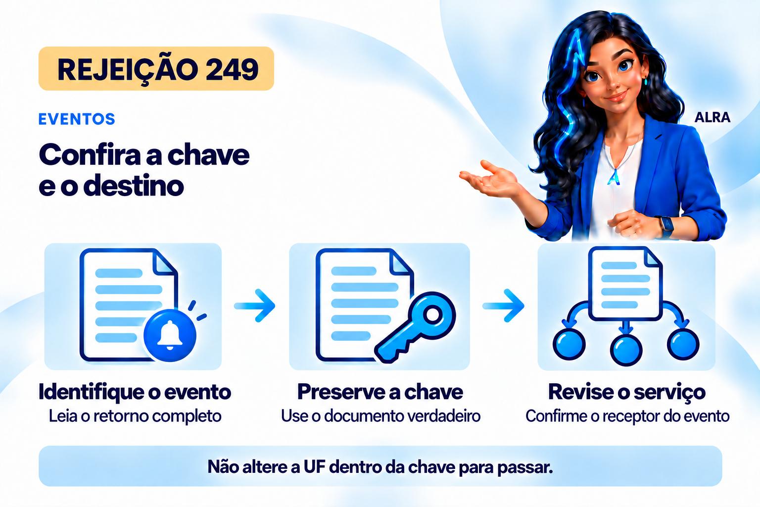 Capa ilustrada da ALRA: Rejeição 249: UF da chave de acesso diferente da UF autorizadora.