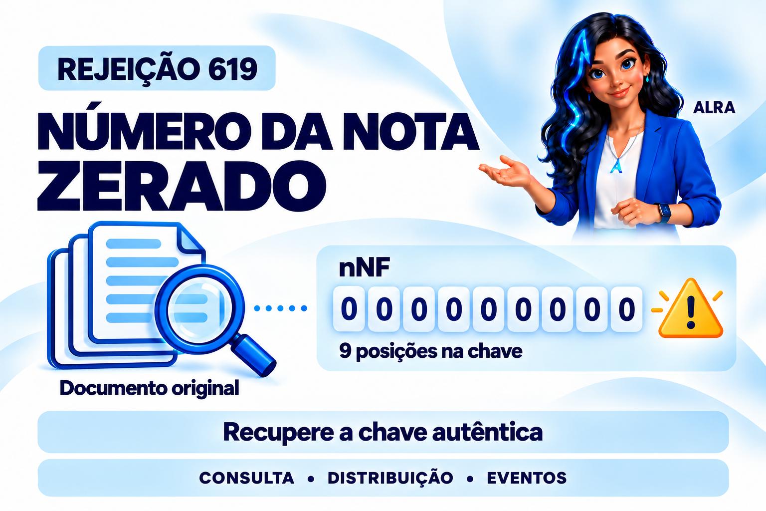 Capa ilustrada da ALRA: Rejeição 619: como tratar número da nota zerado na chave de acesso.