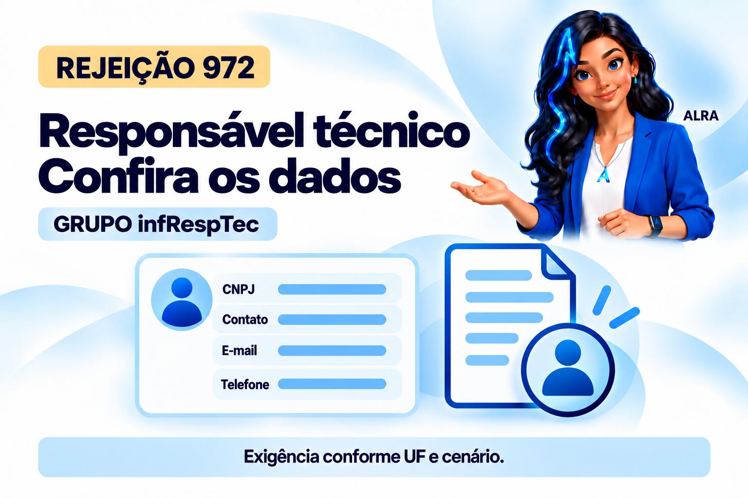 Capa ilustrada da ALRA: Rejeição 972: como incluir as informações do responsável técnico.