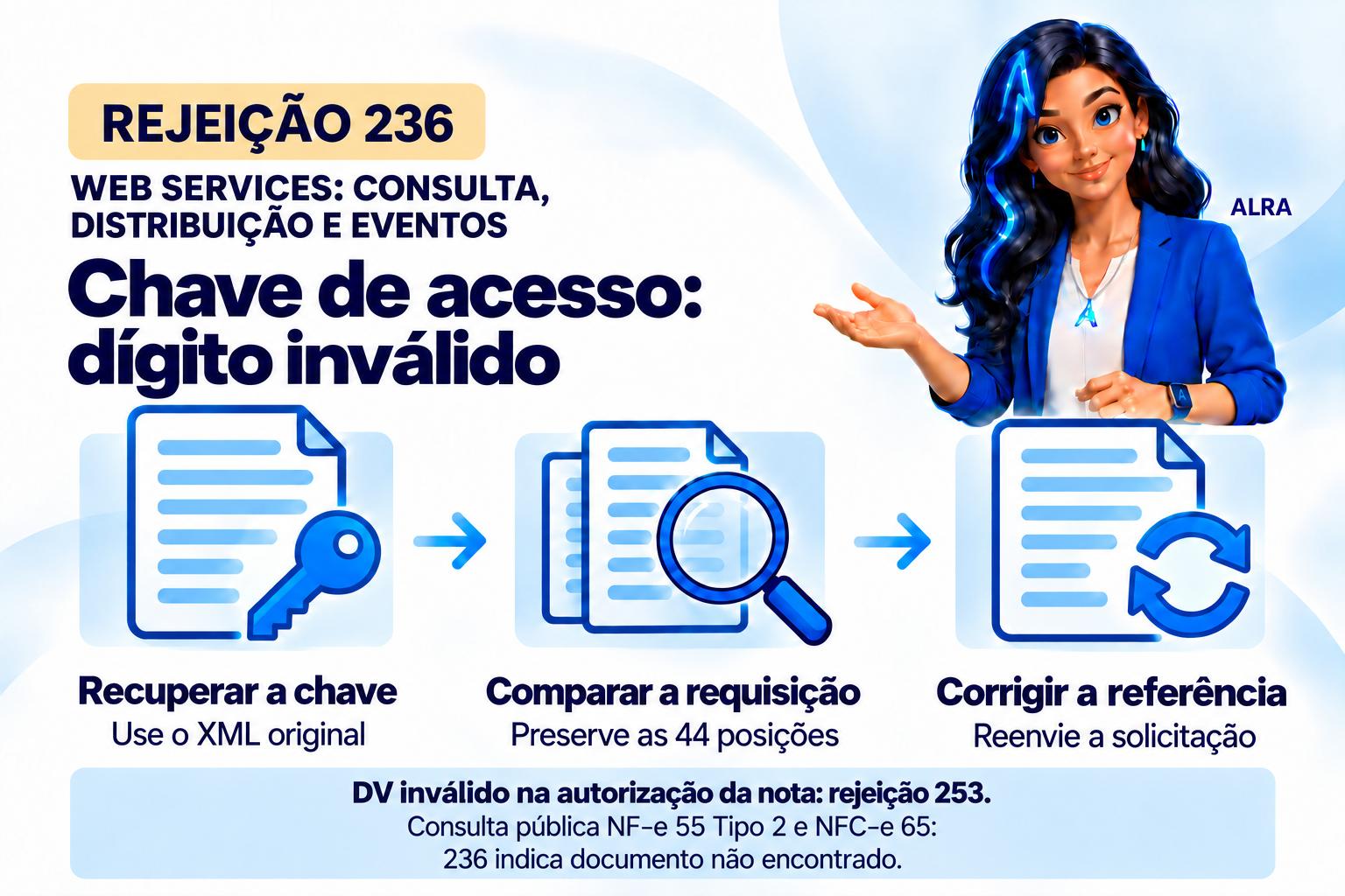 Capa ilustrada da ALRA: Rejeição 236 e dígito verificador da chave de acesso.