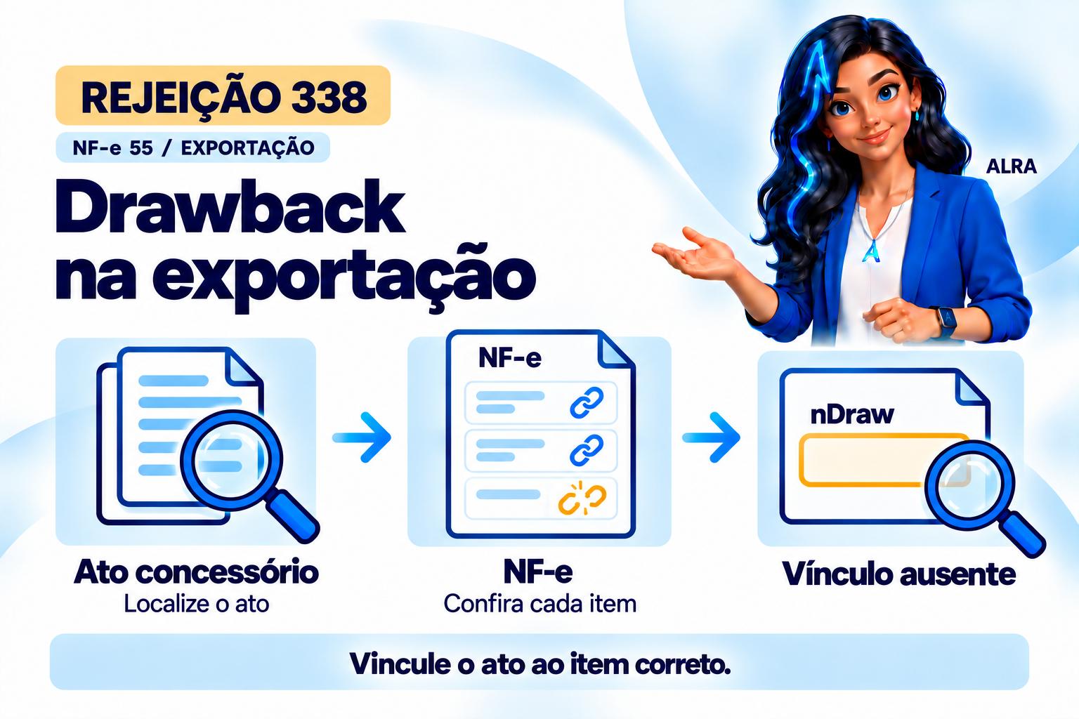 Capa ilustrada da ALRA: Rejeição 338: informe o ato concessório no item da exportação.