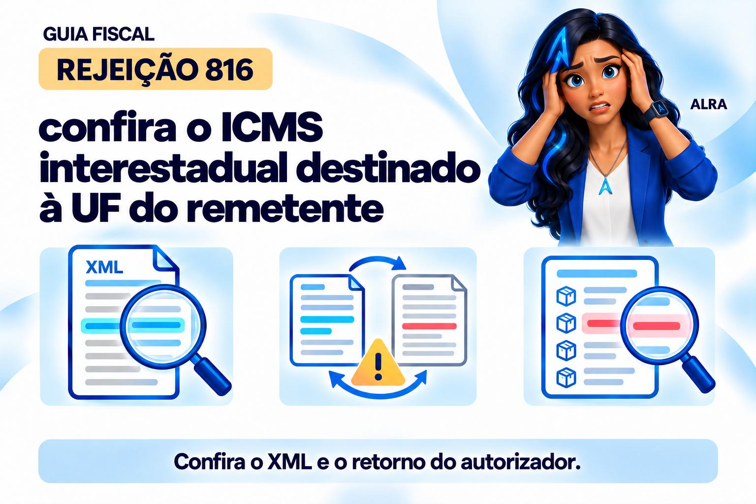 Capa ilustrada da ALRA: Rejeição 816: confira o ICMS interestadual destinado à UF do remetente.