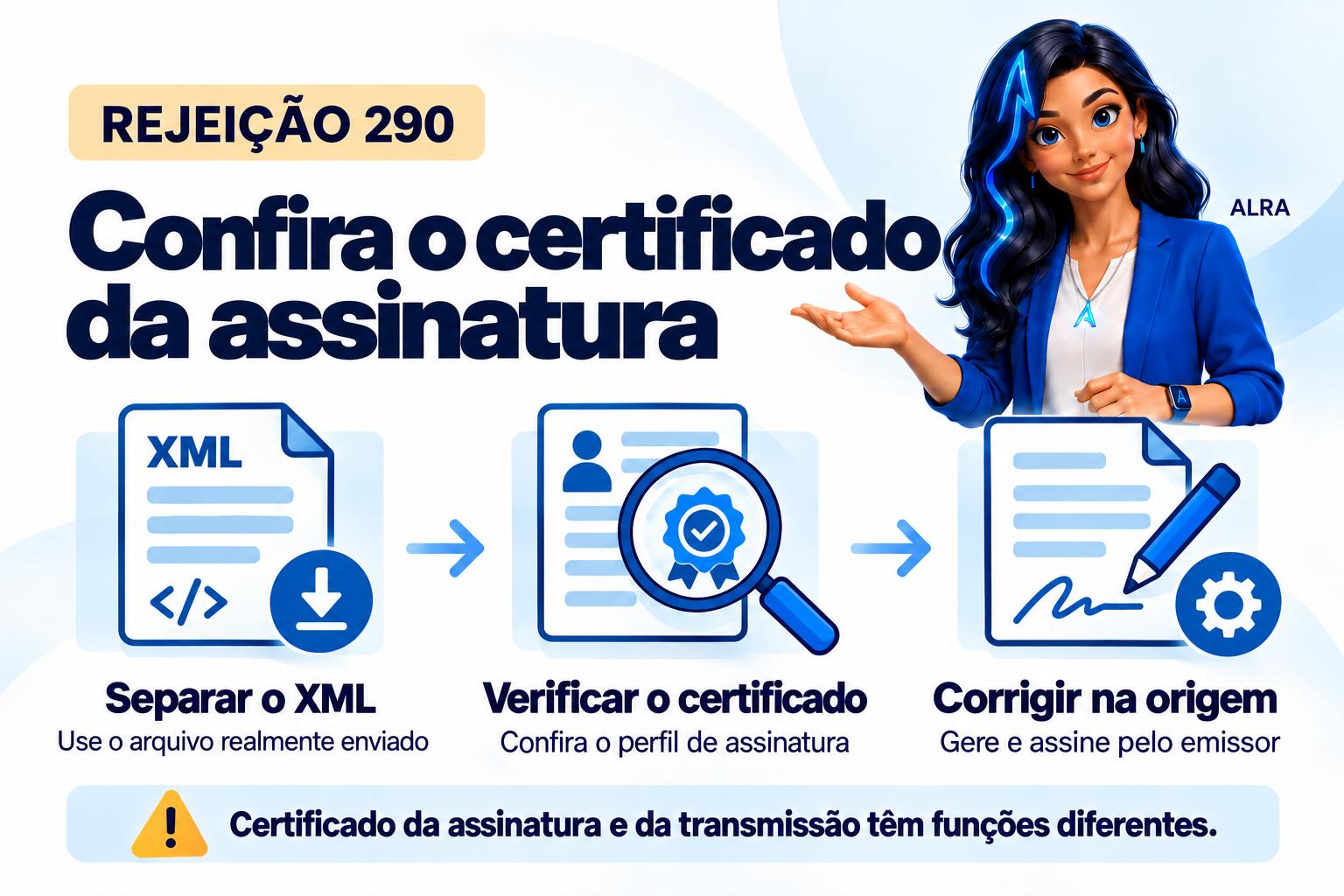 Capa ilustrada da ALRA: Rejeição 290: como investigar um certificado de assinatura inválido.