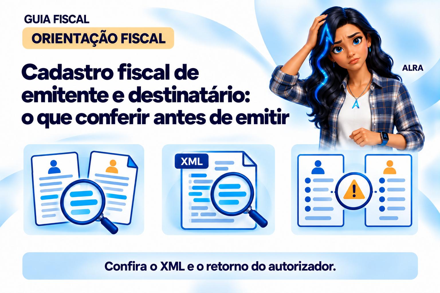 Capa ilustrada da ALRA: Cadastro fiscal de emitente e destinatário: o que conferir antes de emitir.