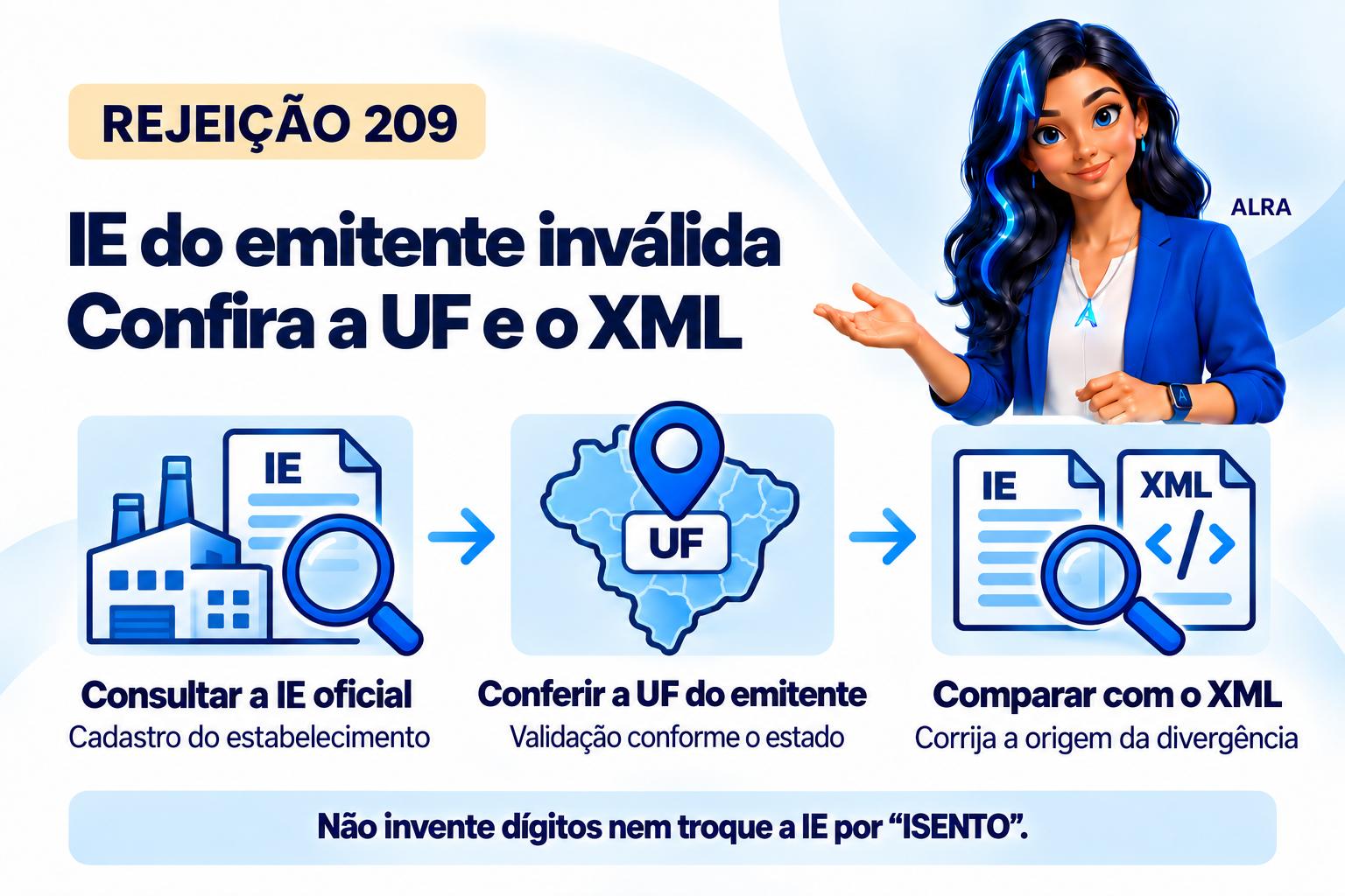 Capa ilustrada da ALRA: Rejeição 209: confira a inscrição estadual do emitente e sua UF.