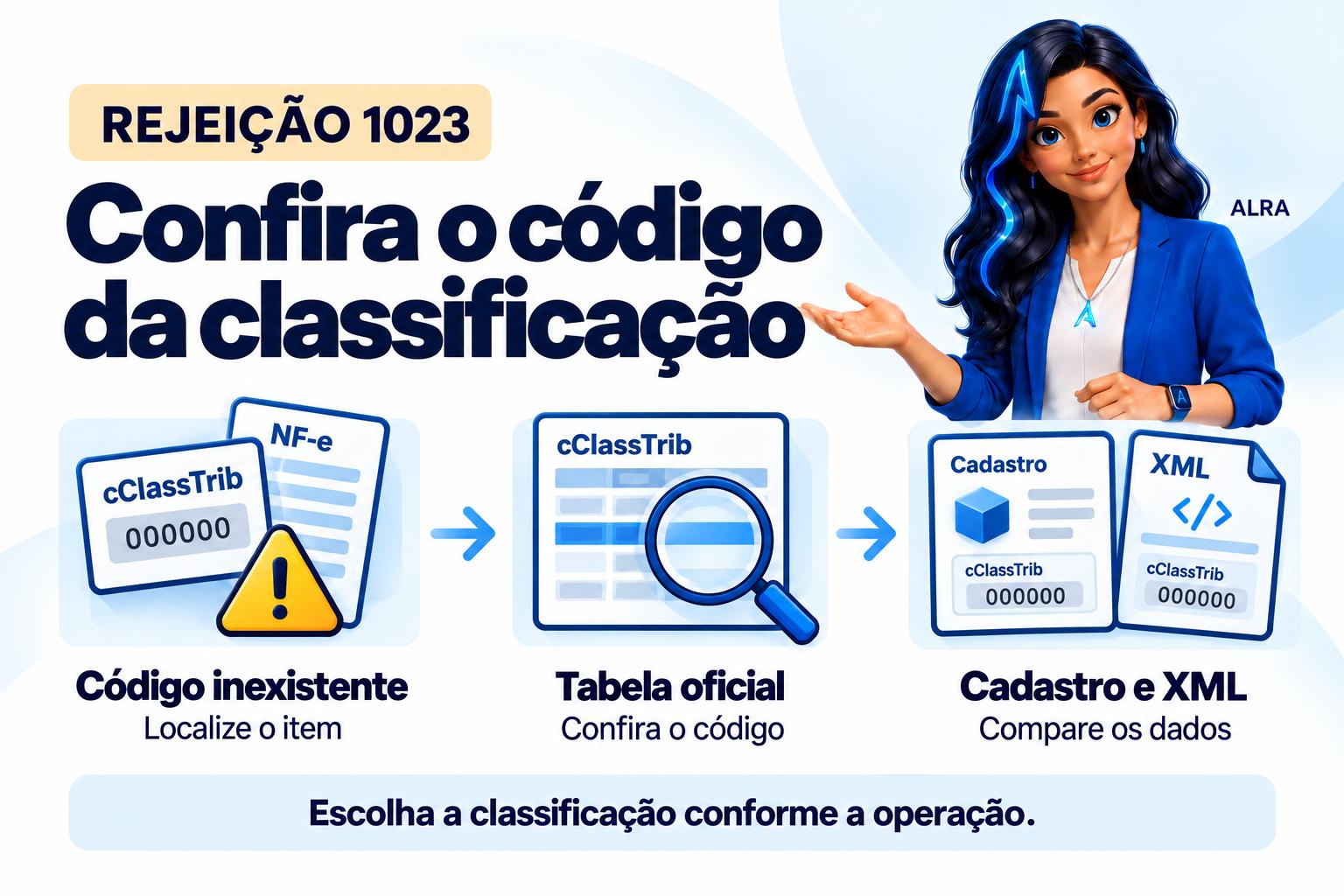 Capa ilustrada da ALRA: Rejeição 1023: localize o cClassTrib que não existe na tabela oficial.