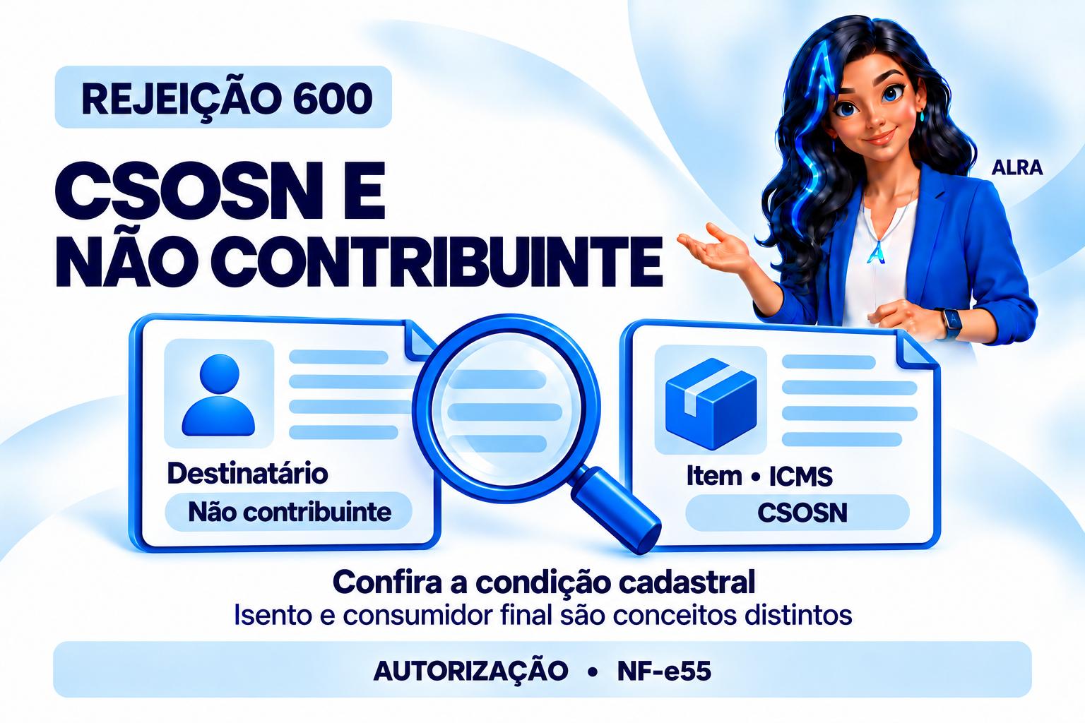 Capa ilustrada da ALRA: Rejeição 600: como conferir o CSOSN na operação com não contribuinte.