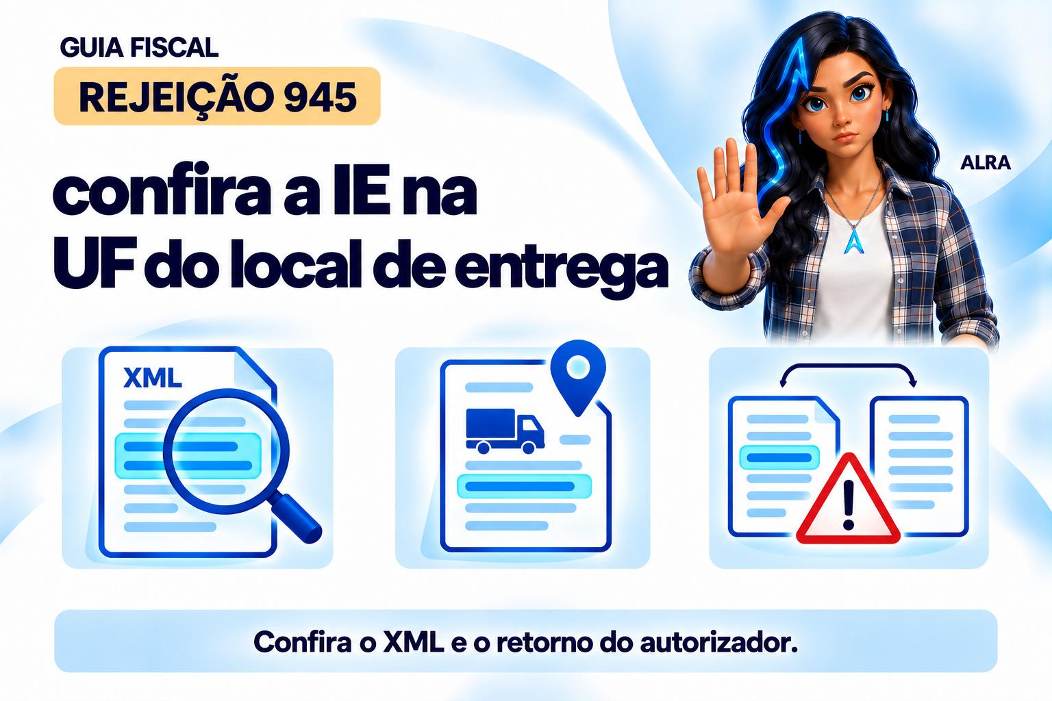 Capa ilustrada da ALRA: Rejeição 945: confira a IE na UF do local de entrega.