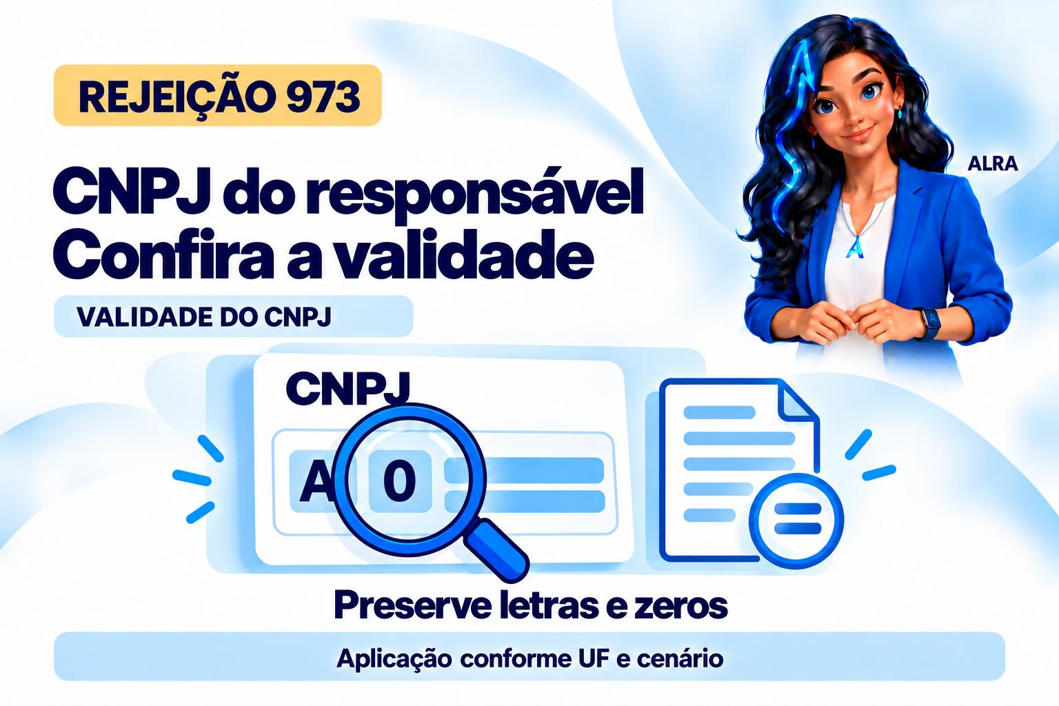 Capa ilustrada da ALRA: Rejeição 973: como conferir o CNPJ do responsável técnico.