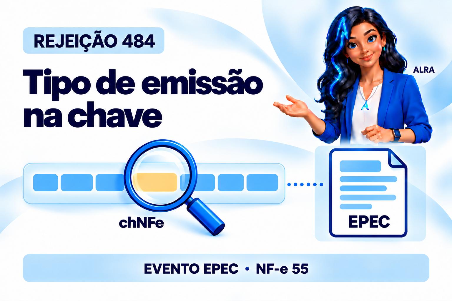Capa ilustrada da ALRA: Rejeição 484: como conferir o tipo de emissão na chave do EPEC.