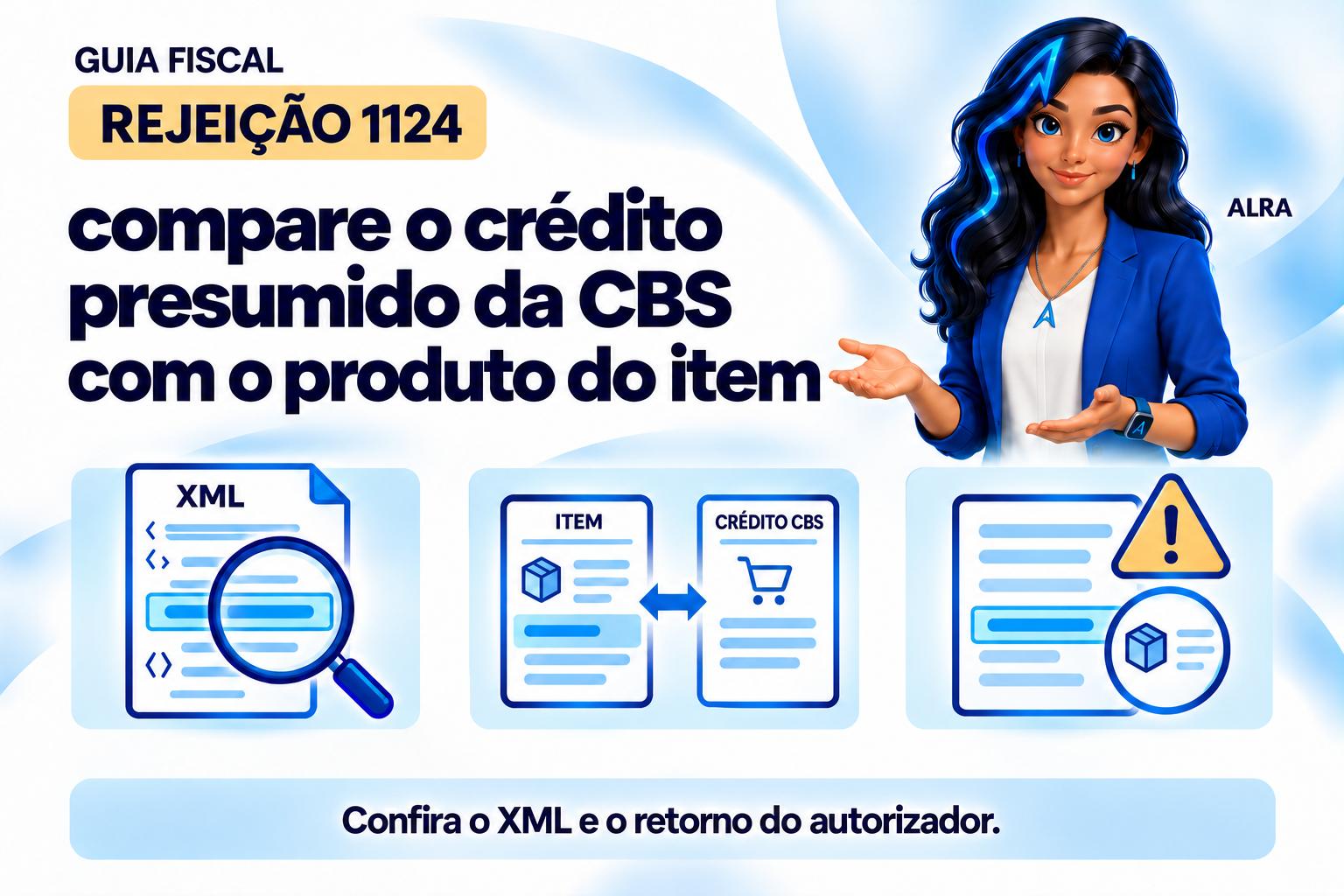 Capa ilustrada da ALRA: Rejeição 1124: compare o crédito presumido da CBS com o produto do item.