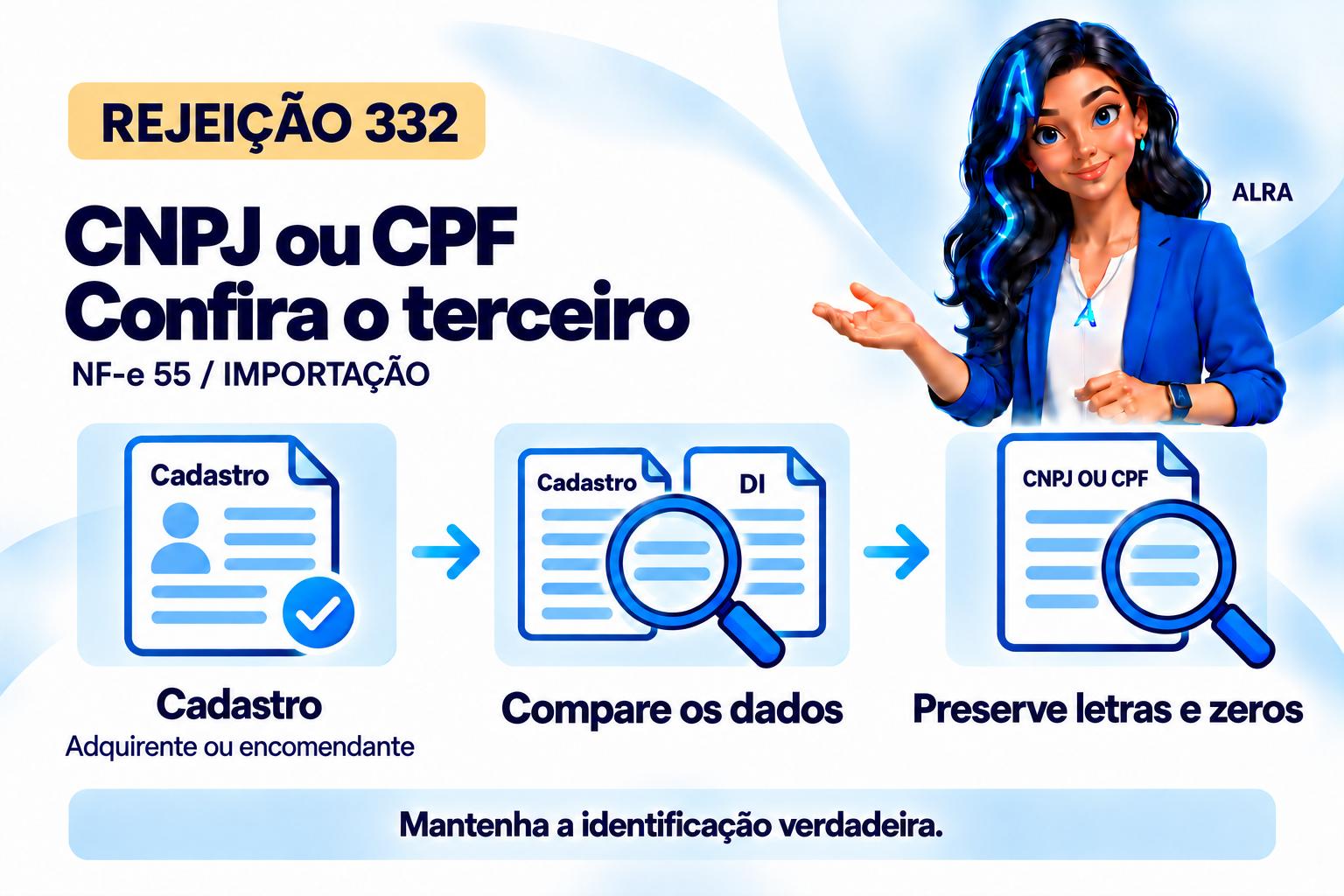 Capa ilustrada da ALRA: Rejeição 332: confira o CNPJ ou CPF do terceiro na importação.