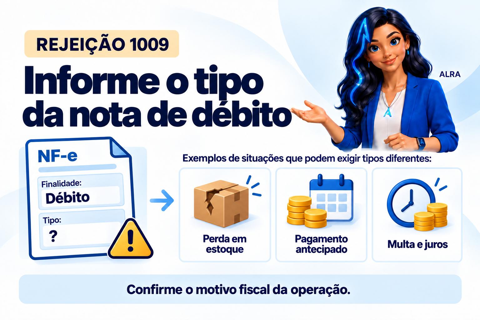 Capa ilustrada da ALRA: Rejeição 1009: informe o tipo verdadeiro da nota de débito.