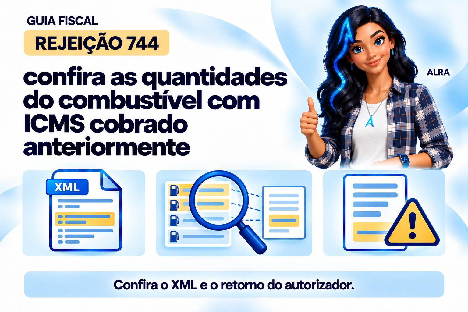 Capa ilustrada da ALRA: Rejeição 744: confira as quantidades do combustível com ICMS cobrado anteriormente.