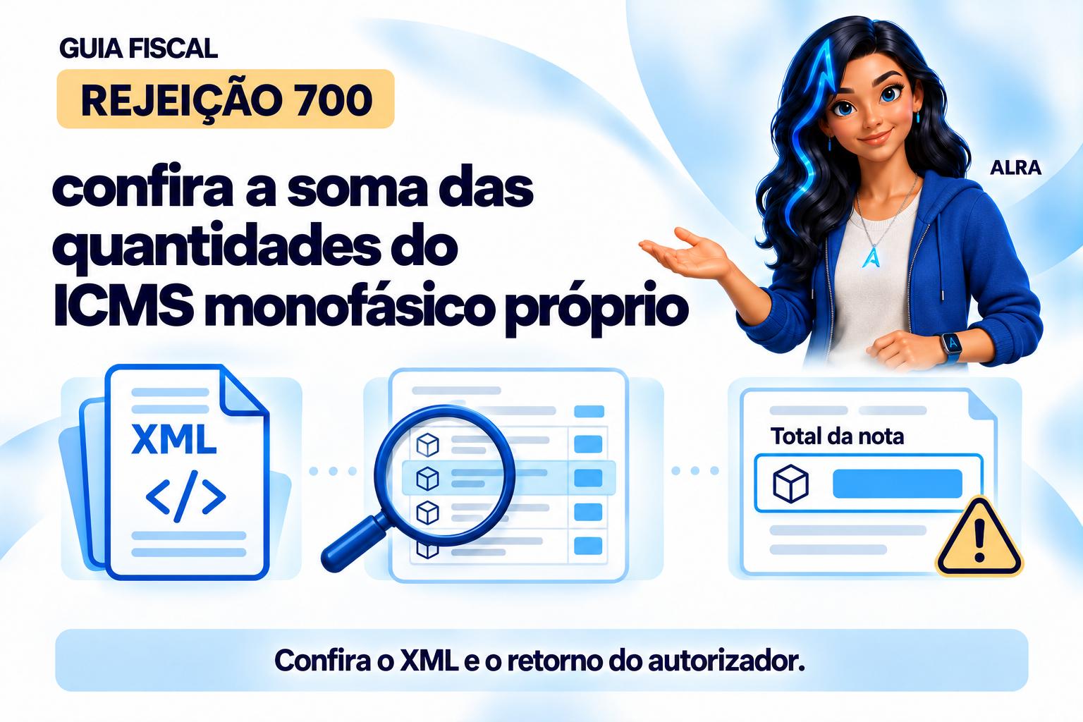 Capa ilustrada da ALRA: Rejeição 700: confira a soma das quantidades do ICMS monofásico próprio.