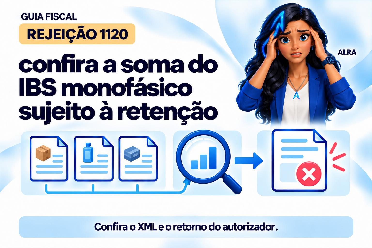 Capa ilustrada da ALRA: Rejeição 1120: confira a soma do IBS monofásico sujeito à retenção.