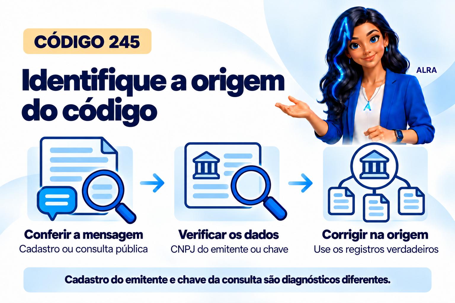 Capa ilustrada da ALRA: Código 245: CNPJ do emitente não cadastrado ou chave inválida na consulta.