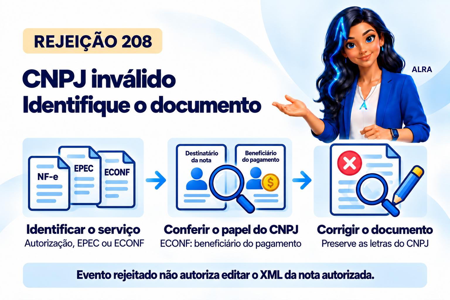 Capa ilustrada da ALRA: Rejeição 208: corrija o CNPJ no documento que recebeu o retorno.