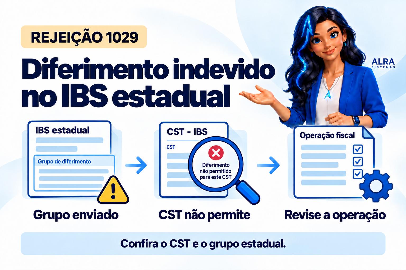 Capa ilustrada da ALRA: Rejeição 1029: retire o diferimento estadual indevido ou corrija o enquadramento.