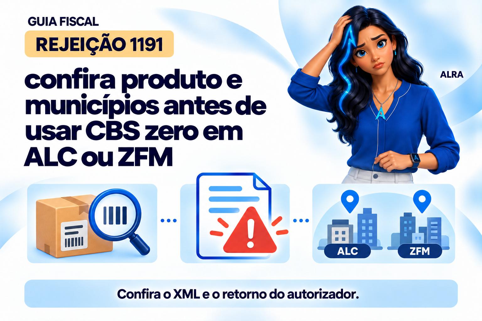 Capa ilustrada da ALRA: Rejeição 1191: confira produto e municípios antes de usar CBS zero em ALC ou ZFM.