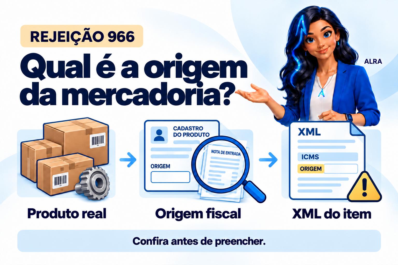 Capa ilustrada da ALRA: Rejeição 966: preencha a origem real da mercadoria e confira o contexto do retorno.