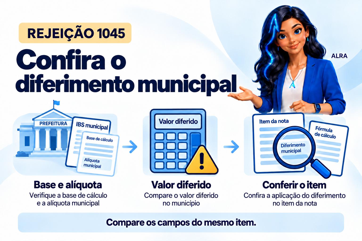 Capa ilustrada da ALRA: Rejeição 1045: confira o cálculo do diferimento do IBS municipal no item.