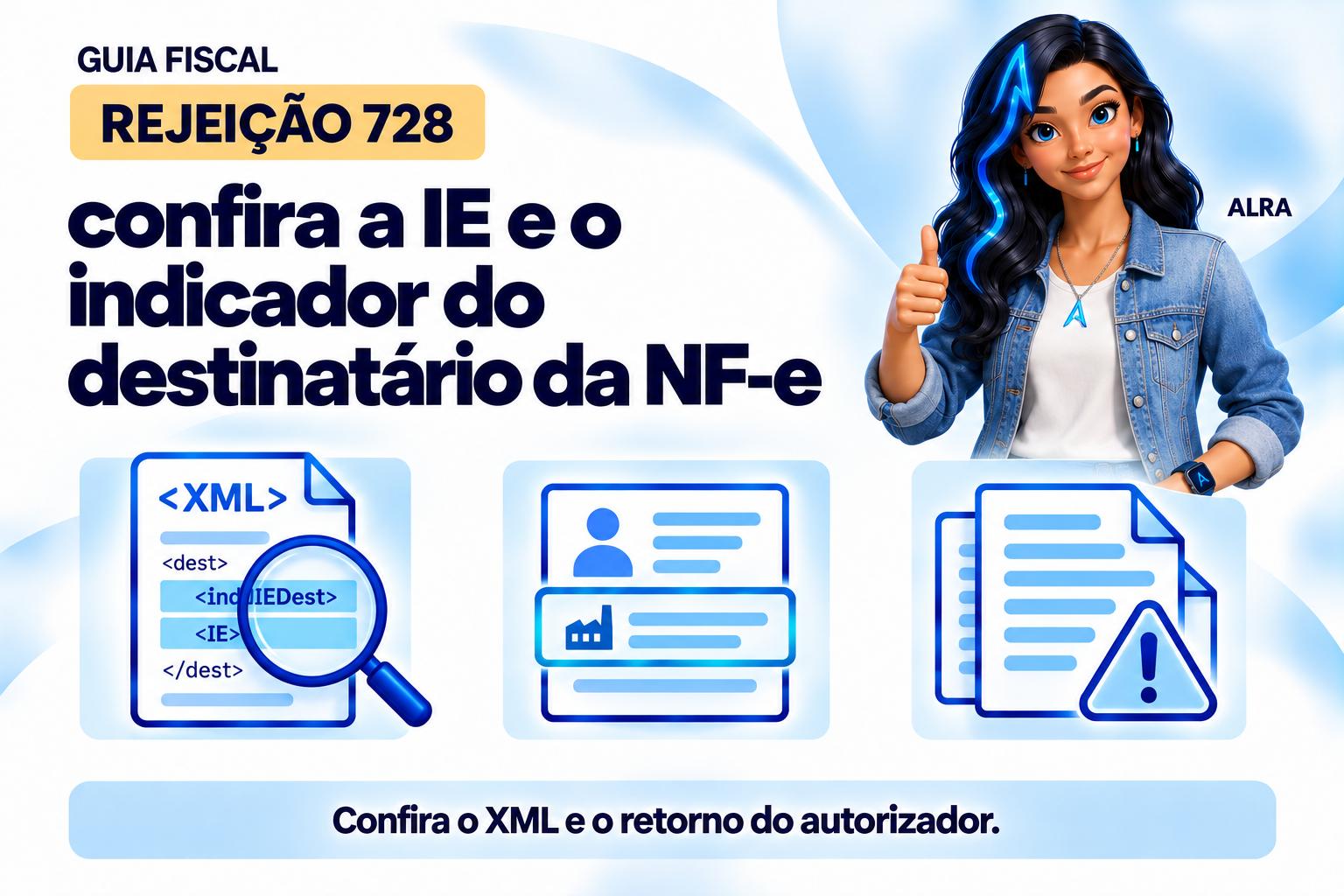 Capa ilustrada da ALRA: Rejeição 728: confira a IE e o indicador do destinatário da NF-e.