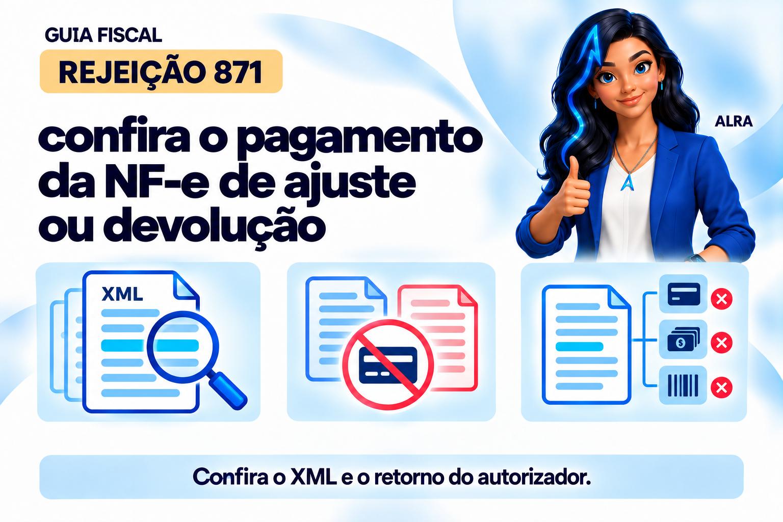 Capa ilustrada da ALRA: Rejeição 871: confira o pagamento da NF-e de ajuste ou devolução.