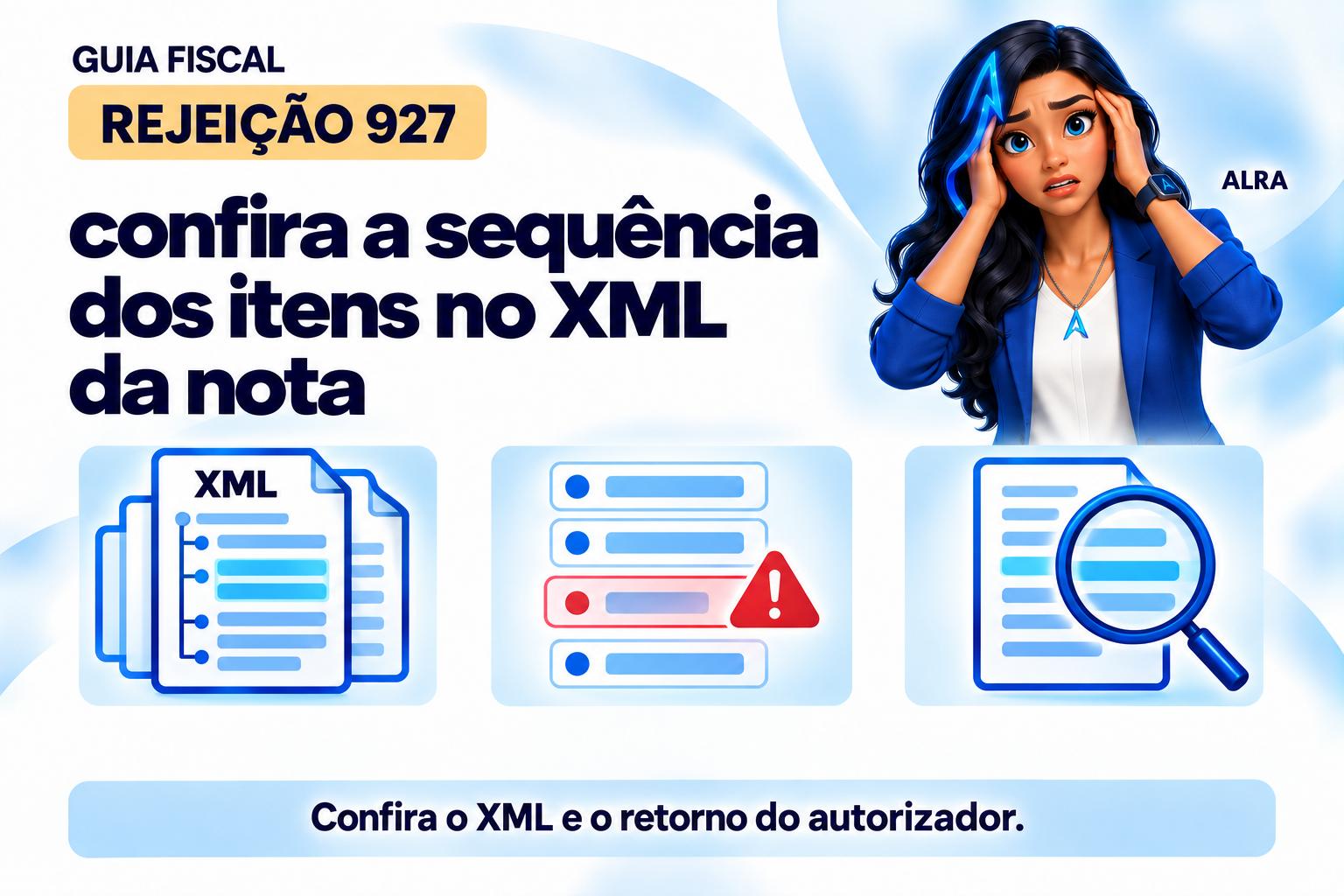 Capa ilustrada da ALRA: Rejeição 927: confira a sequência dos itens no XML da nota.