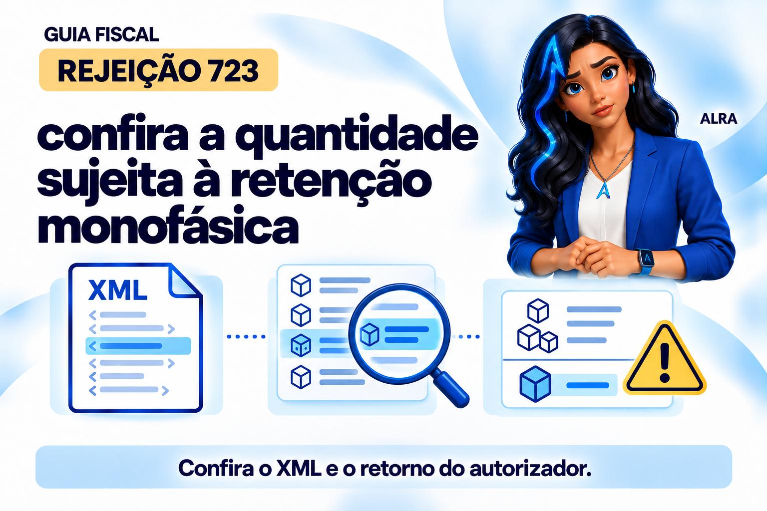 Capa ilustrada da ALRA: Rejeição 723: confira a quantidade sujeita à retenção monofásica.