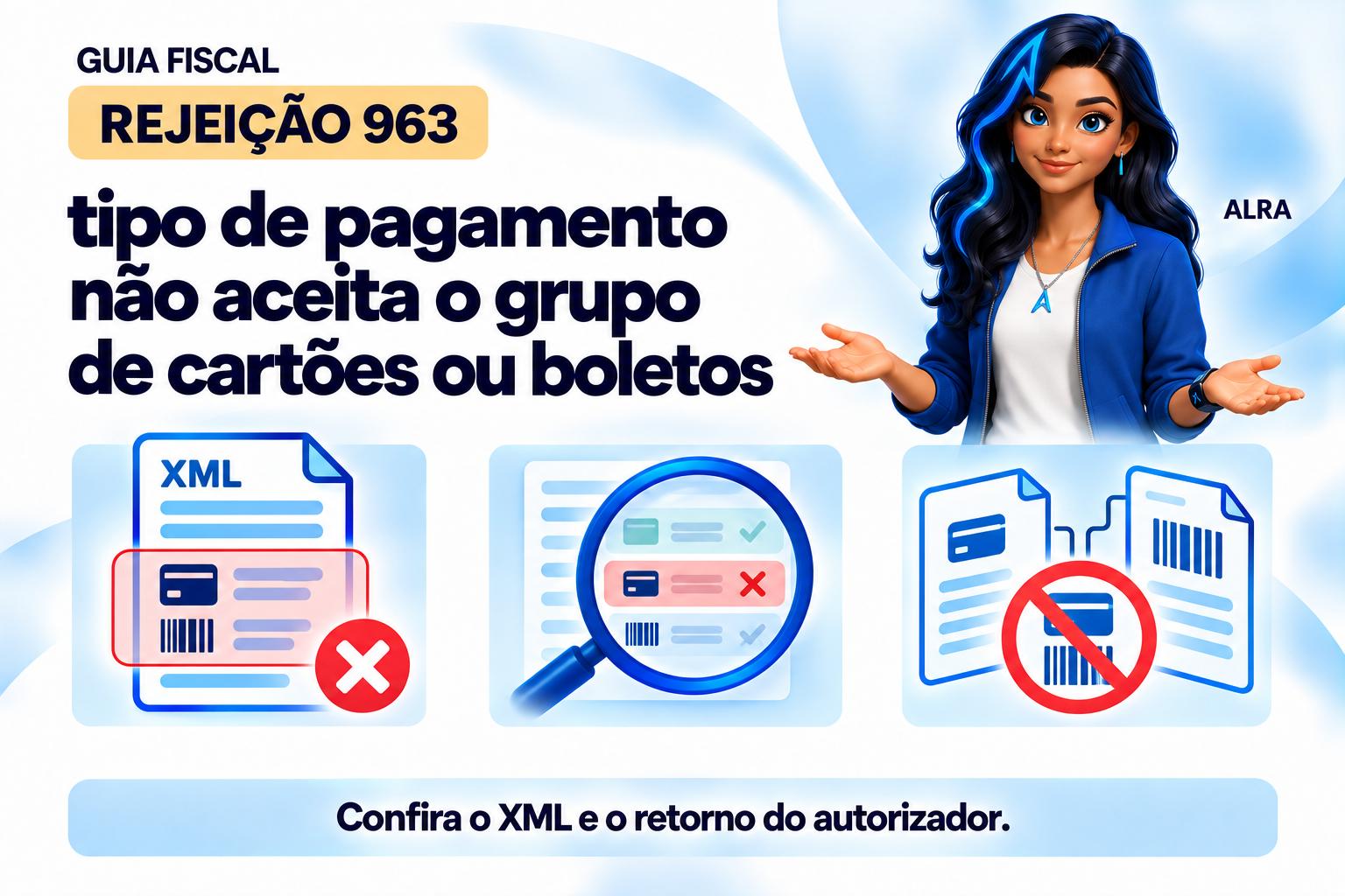 Capa ilustrada da ALRA: Rejeição 963: tipo de pagamento não aceita o grupo de cartões ou boletos.