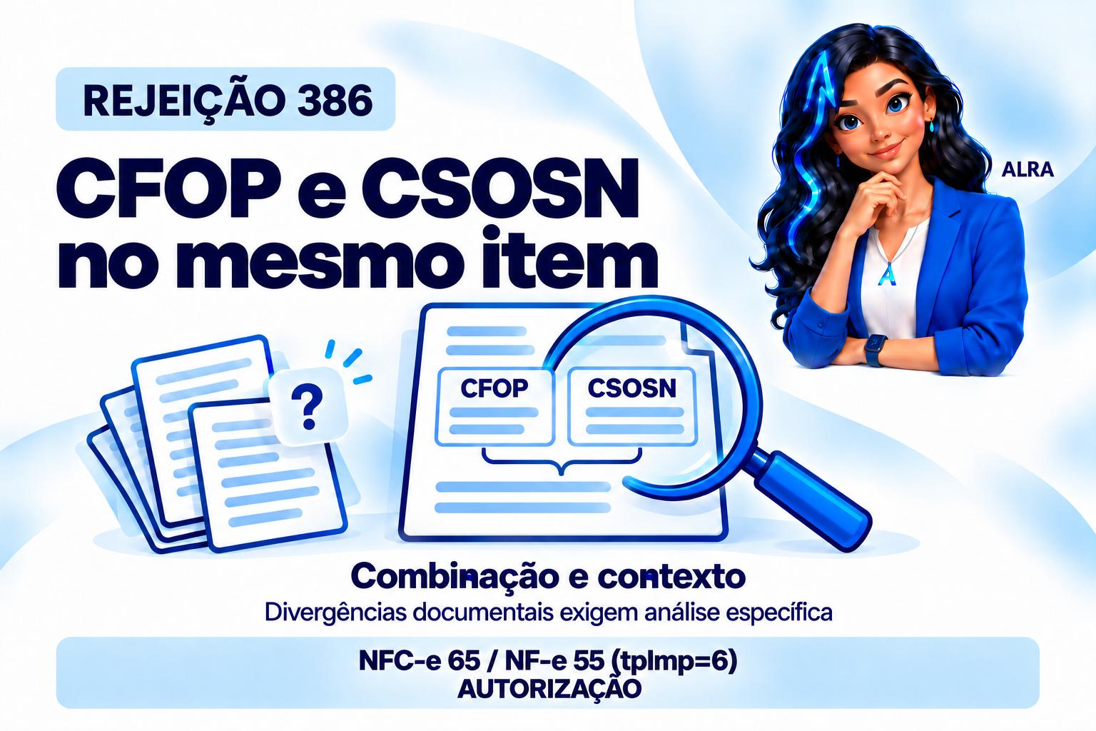 Capa ilustrada da ALRA: Rejeição 386: como conferir CFOP e CSOSN sem mudar a operação.