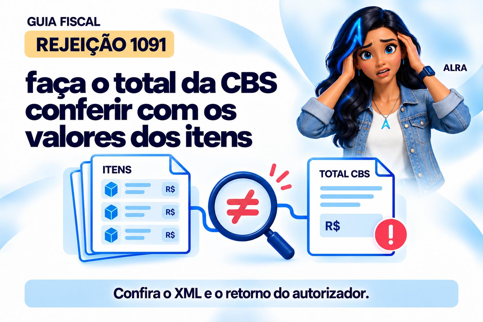 Capa ilustrada da ALRA: Rejeição 1091: faça o total da CBS conferir com os valores dos itens.