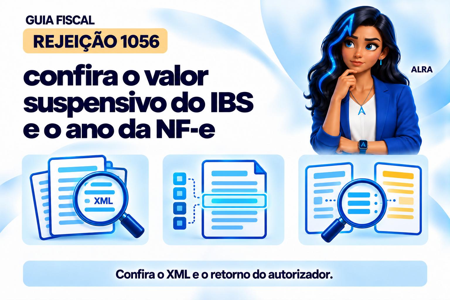 Capa ilustrada da ALRA: Rejeição 1056: confira o valor suspensivo do IBS e o ano da NF-e.