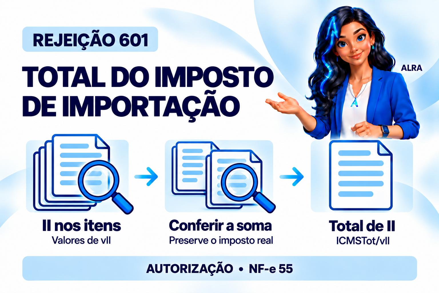 Capa ilustrada da ALRA: Rejeição 601 na NF-e: como conferir o total do Imposto de Importação.